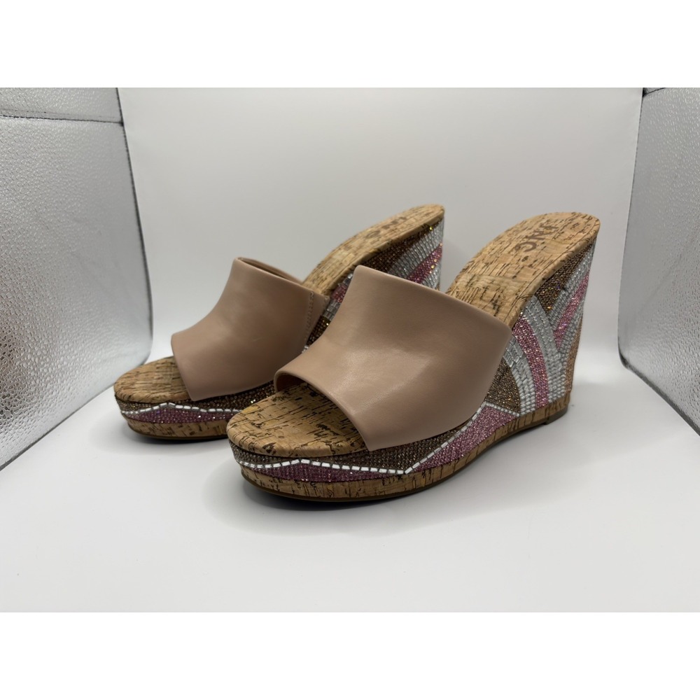 INC Cadie Bling Wedge Sandals In Beige Blush Pink Size 9.5M New In Box 5” Heel